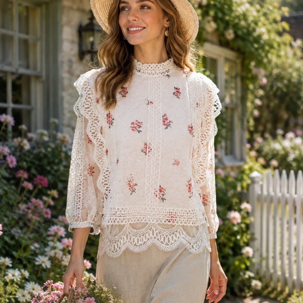 New & Next Floral Lace Ruffle Blouse White Sleeveless Mock Neck Victorian Top M